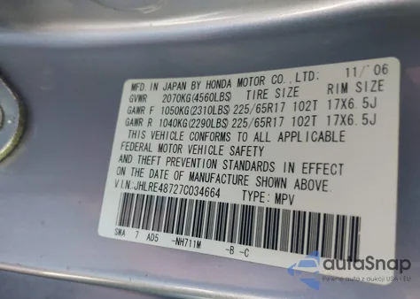 2007 Honda Cr-V Ex-L from USA, damaged, VIN JHLRE48727C034664